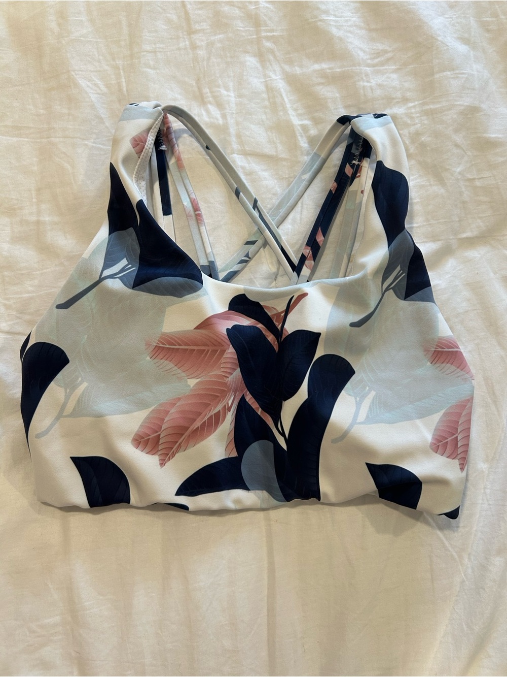 Senita Athletics White Sports Bra with Navy & Blush Leaf Print